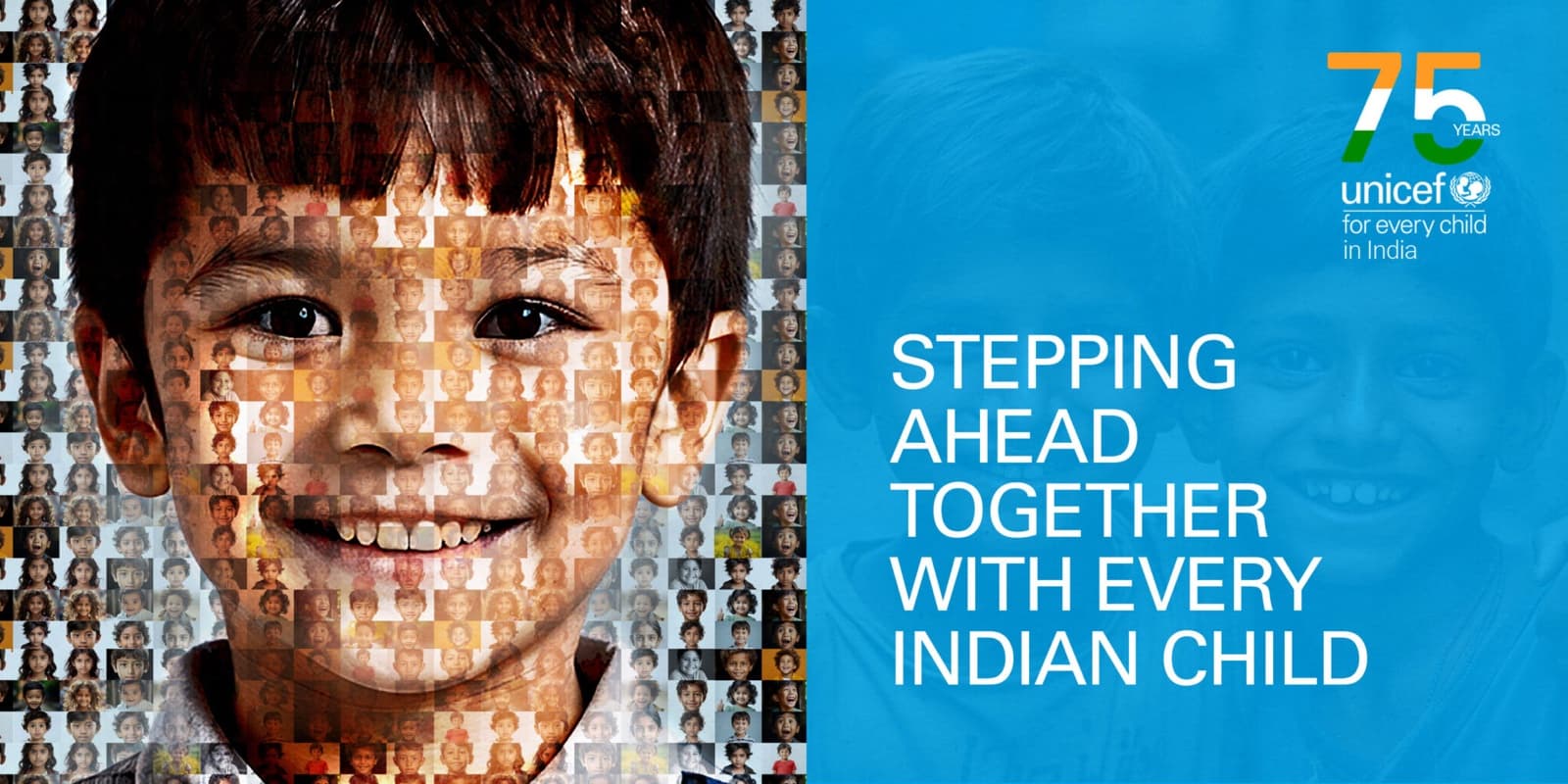 UNICEF India 75th-anniversary key visual, "Stepping Ahead Together With Every Indian Child"
