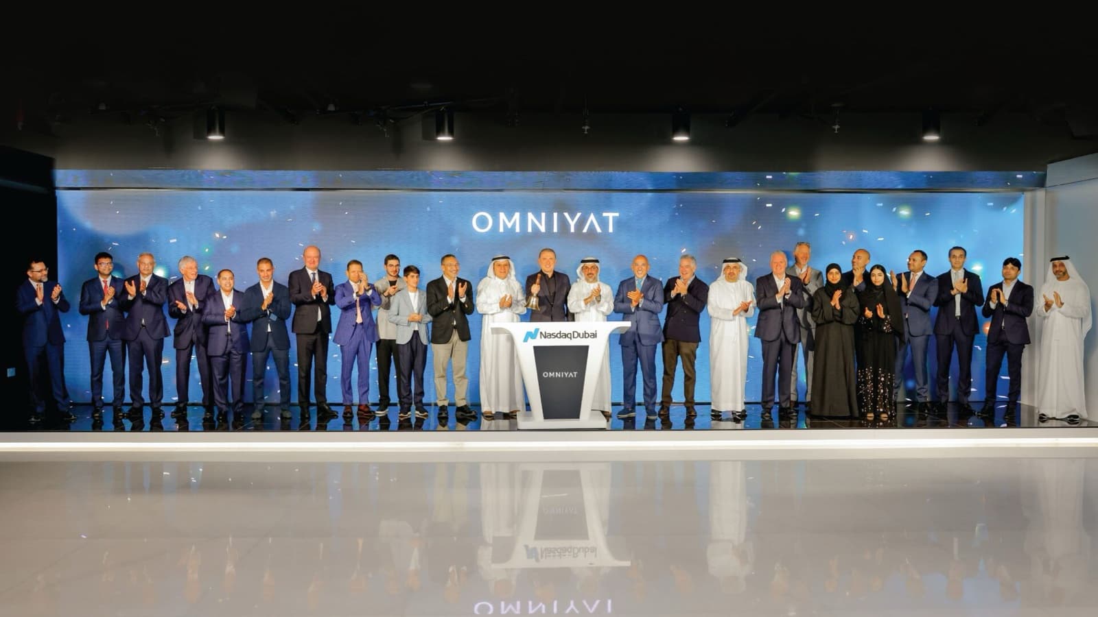 OMNIYAT's leadership ringing the Nasdaq Dubai bell to mark the brand's 20th anniversary