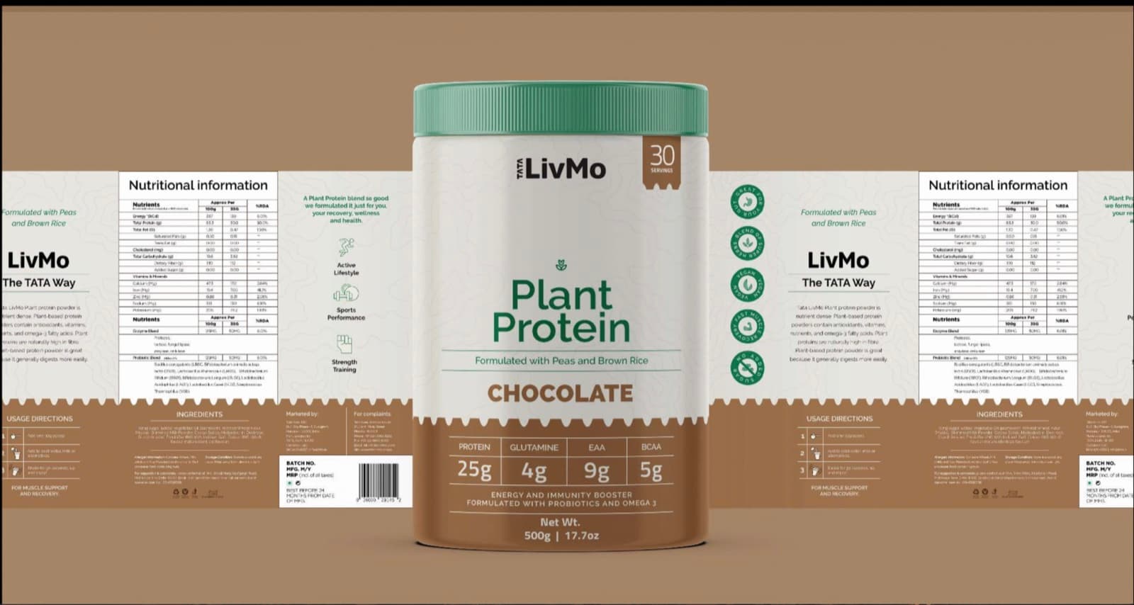 LivMo Plant Protein chocolate flavor packaging design
