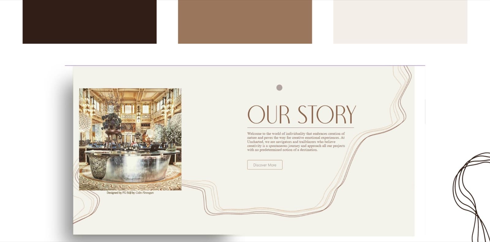 Uncharted brand palette and the Our Story page, featuring an FG Stijl-designed interior