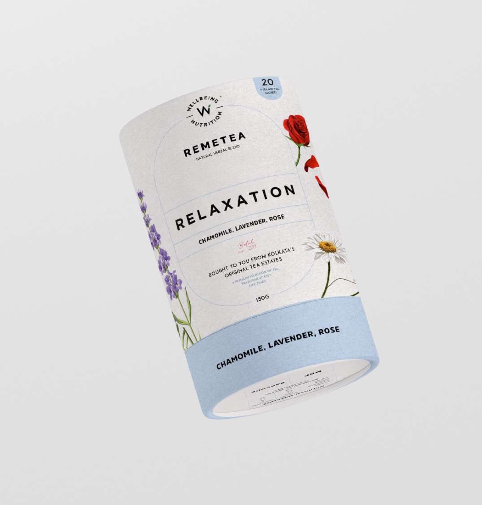 RemeTea Relaxation herbal tea packaging, angled view