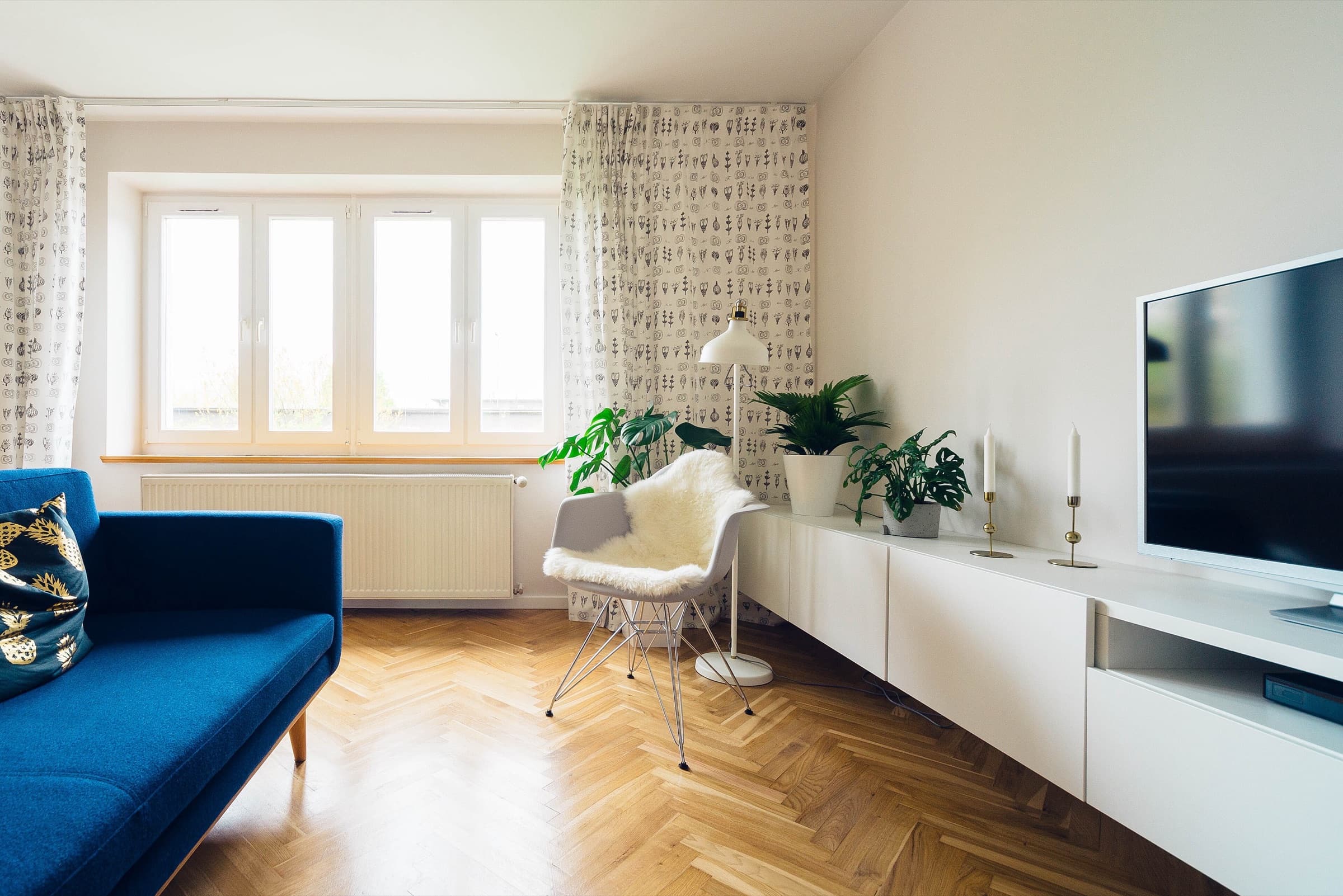 Modern minimalist living room with natural light