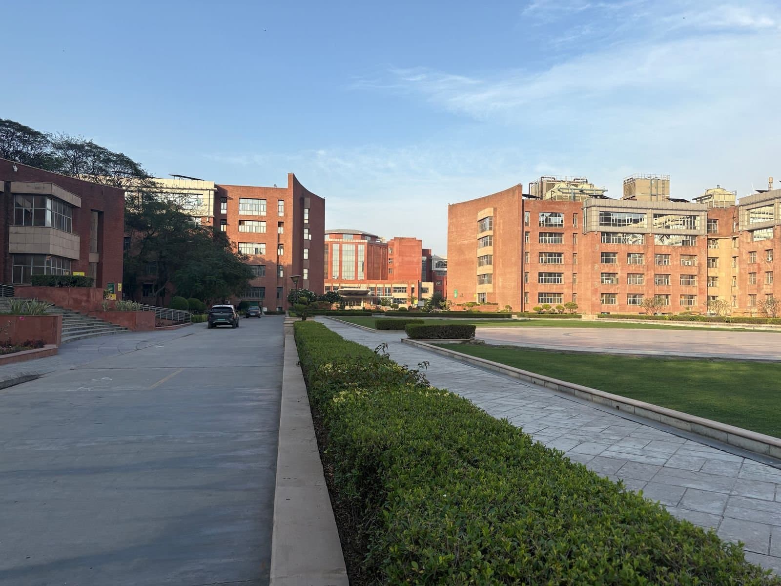 Modern red-brick university campus in India in daylight