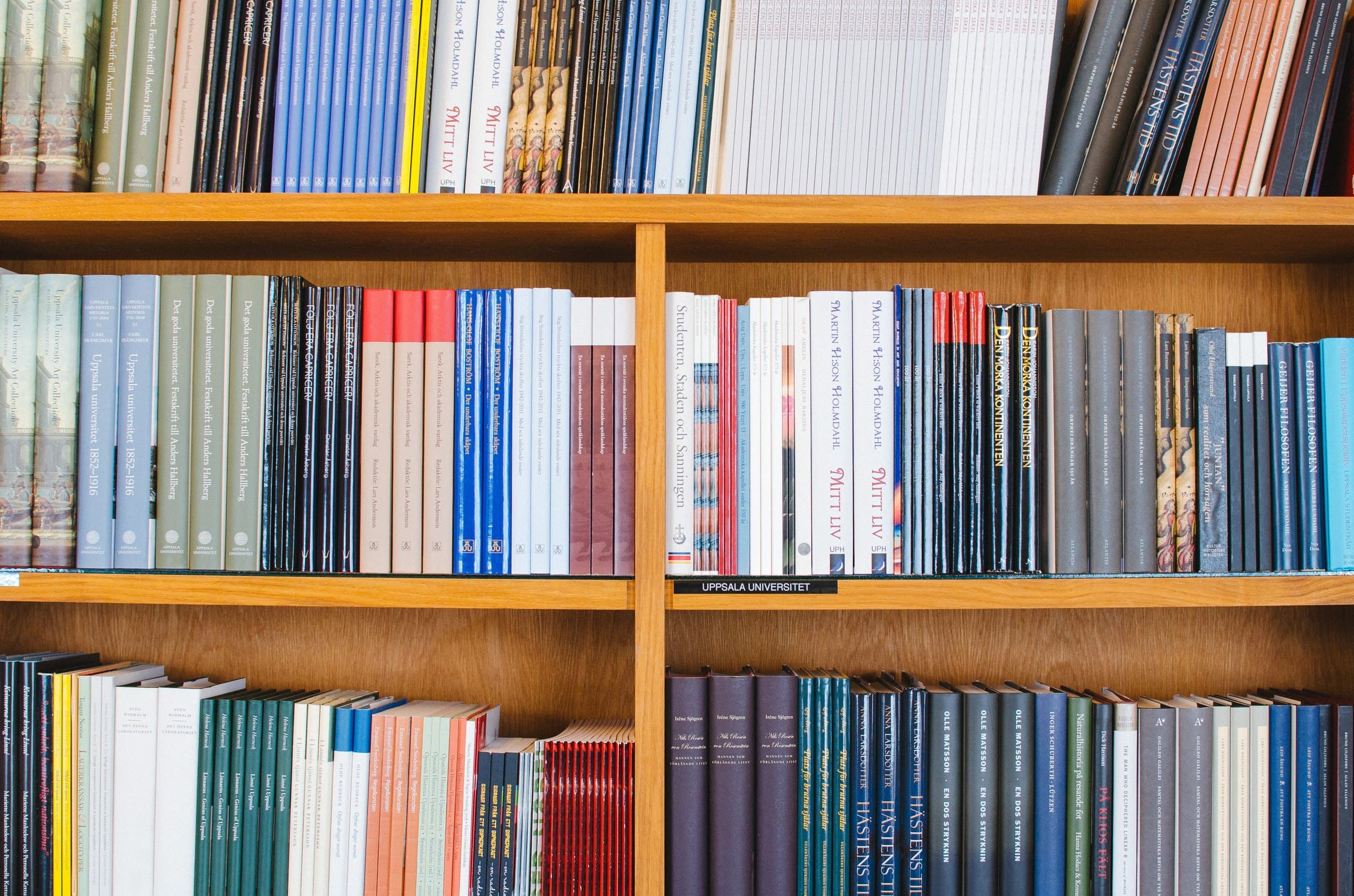 Close detail of a university library bookshelf
