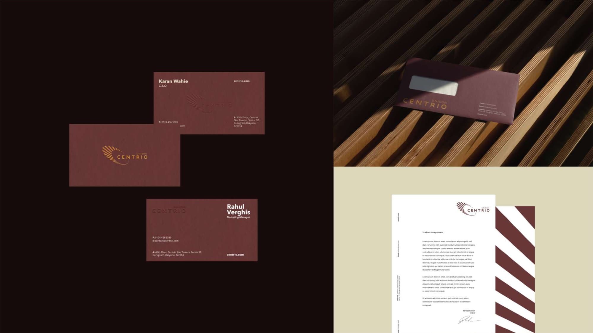 Unison Centrio business cards, envelope, and letterhead stationery
