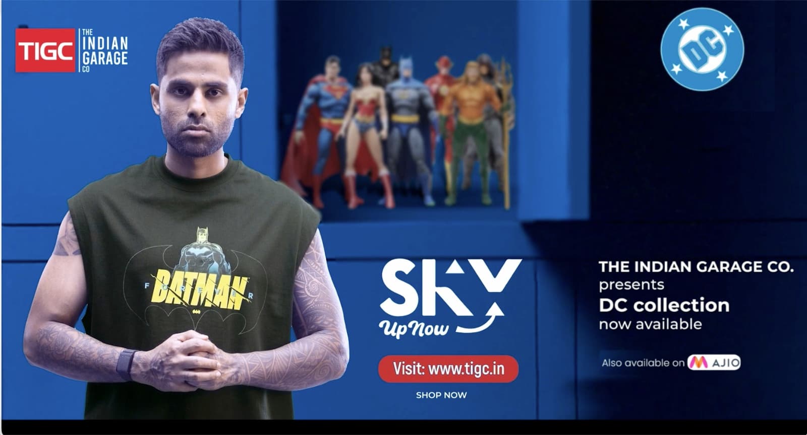 TIGC's SKY UP NOW campaign key visual with Suryakumar Yadav, for the brand's Korean Wear and DC x Marvel collection.